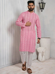 Striped Mandarin Collar Cotton Straight Kurta - Inddus.com
