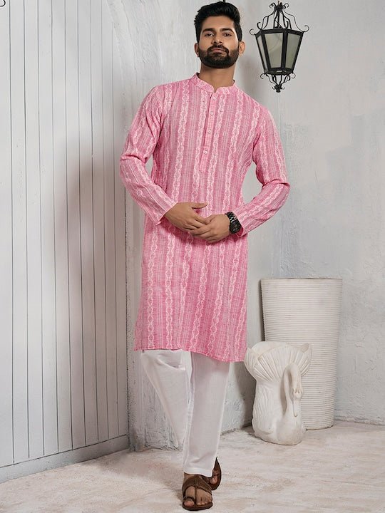 Striped Mandarin Collar Cotton Straight Kurta - Inddus.com