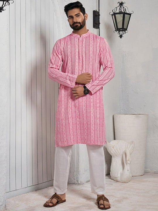 Striped Mandarin Collar Cotton Straight Kurta - Inddus.com