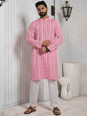 Striped Mandarin Collar Cotton Straight Kurta - Inddus.com