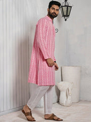 Striped Mandarin Collar Cotton Straight Kurta - Inddus.com