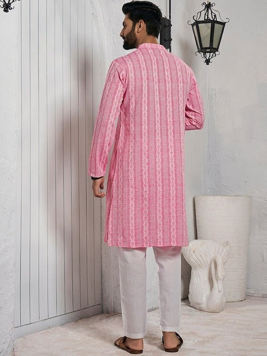 Striped Mandarin Collar Cotton Straight Kurta - Inddus.com