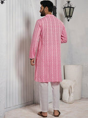 Striped Mandarin Collar Cotton Straight Kurta - Inddus.com