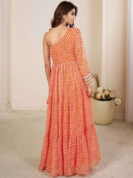 Striped Off Shoulder Maxi Ethnic Dress - Inddus.com