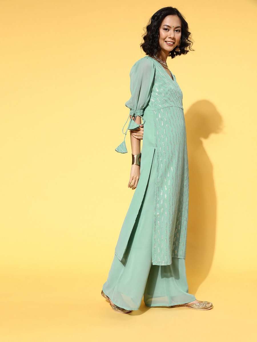 Striped Poly Georgette Nuovo Sleeves Kurta Set - Inddus.com