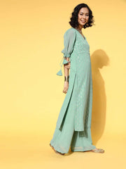 Striped Poly Georgette Nuovo Sleeves Kurta Set - Inddus.com