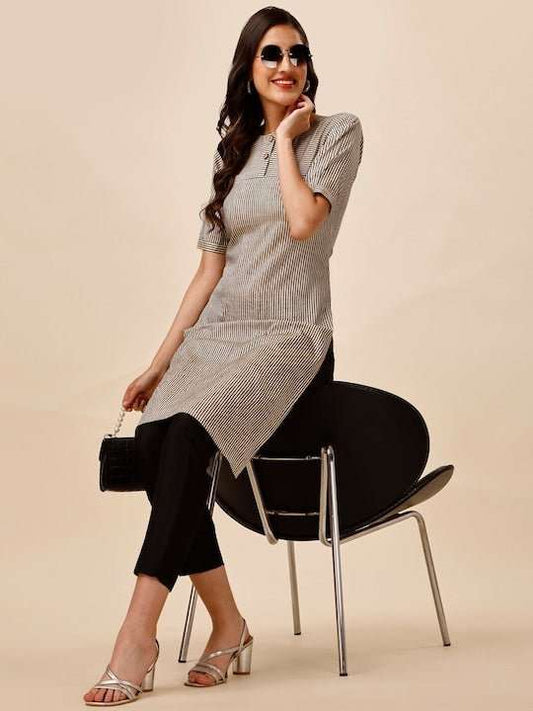 Striped Round Neck Silk Straight Kurta - Inddus.com