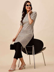 Striped Round Neck Silk Straight Kurta - Inddus.com