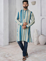 Striped Shirt Collar Pure Cotton Straight Kurta - Inddus.com