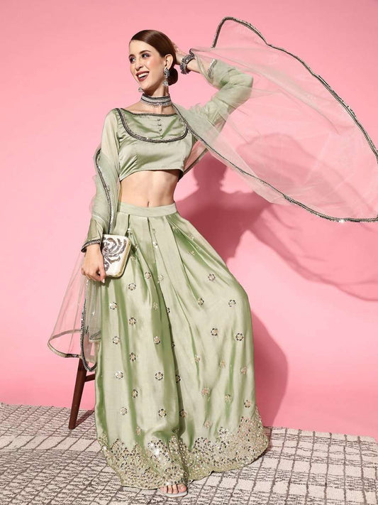 Stylish Green Embroidered Semi-stitched Lehenga Choli With Dupatta - Inddus.com