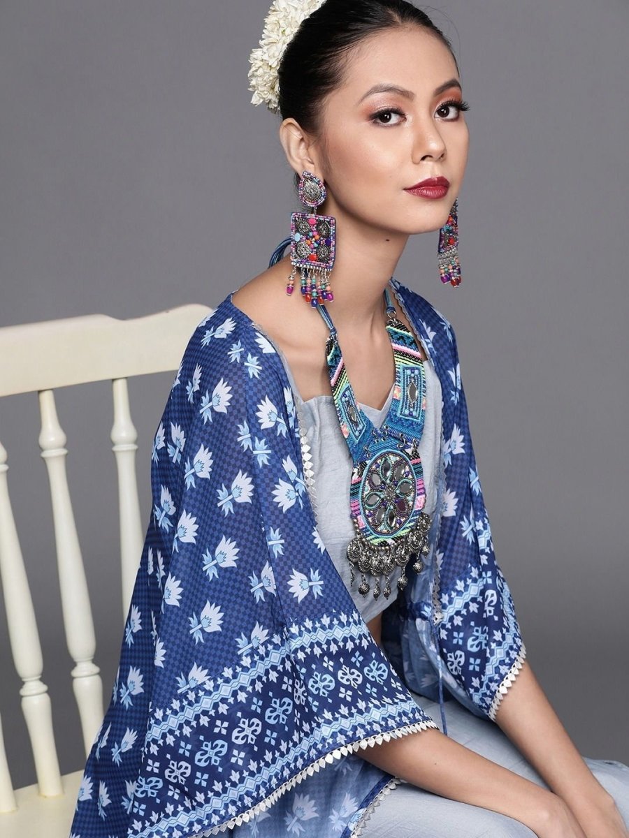 Subtle Blue Poly Georgette Printed Crop Top - inddus-us