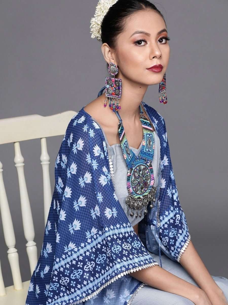 Subtle Blue Poly Georgette Printed Crop Top - inddus-us