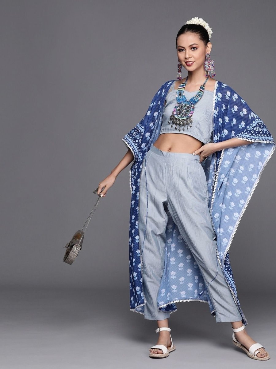 Subtle Blue Poly Georgette Printed Crop Top - inddus-us
