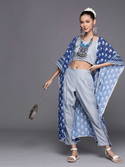 Subtle Blue Poly Georgette Printed Crop Top - inddus-us