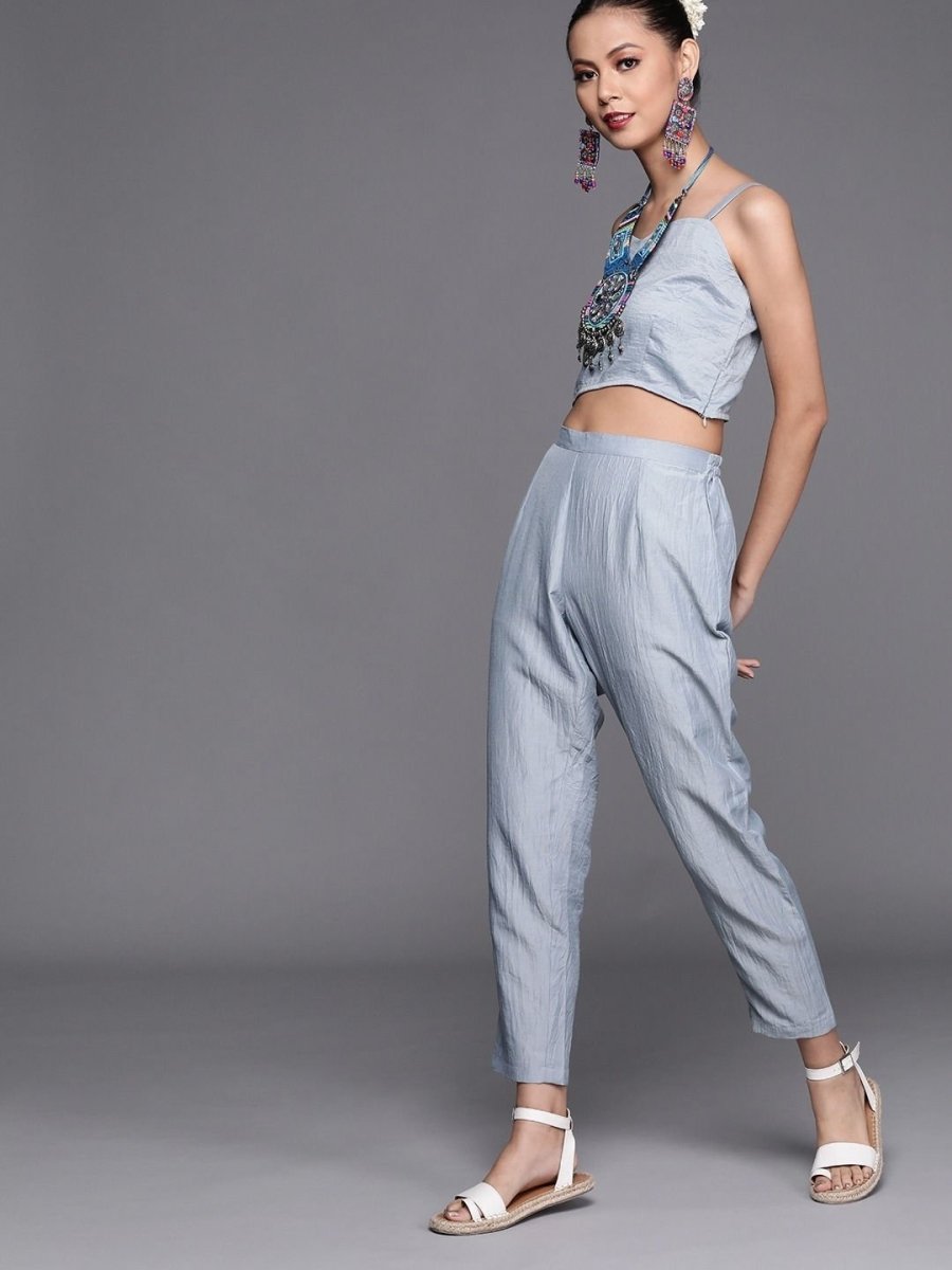 Subtle Blue Poly Georgette Printed Crop Top - inddus-us