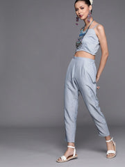 Subtle Blue Poly Georgette Printed Crop Top - inddus-us