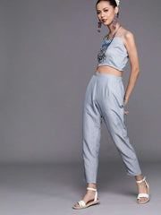 Subtle Blue Poly Georgette Printed Crop Top - inddus-us