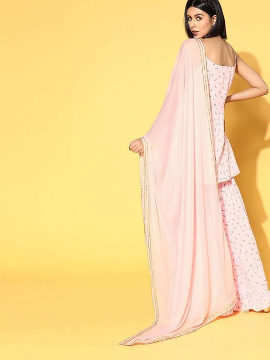 subtle pink poly georgette printed kurta set