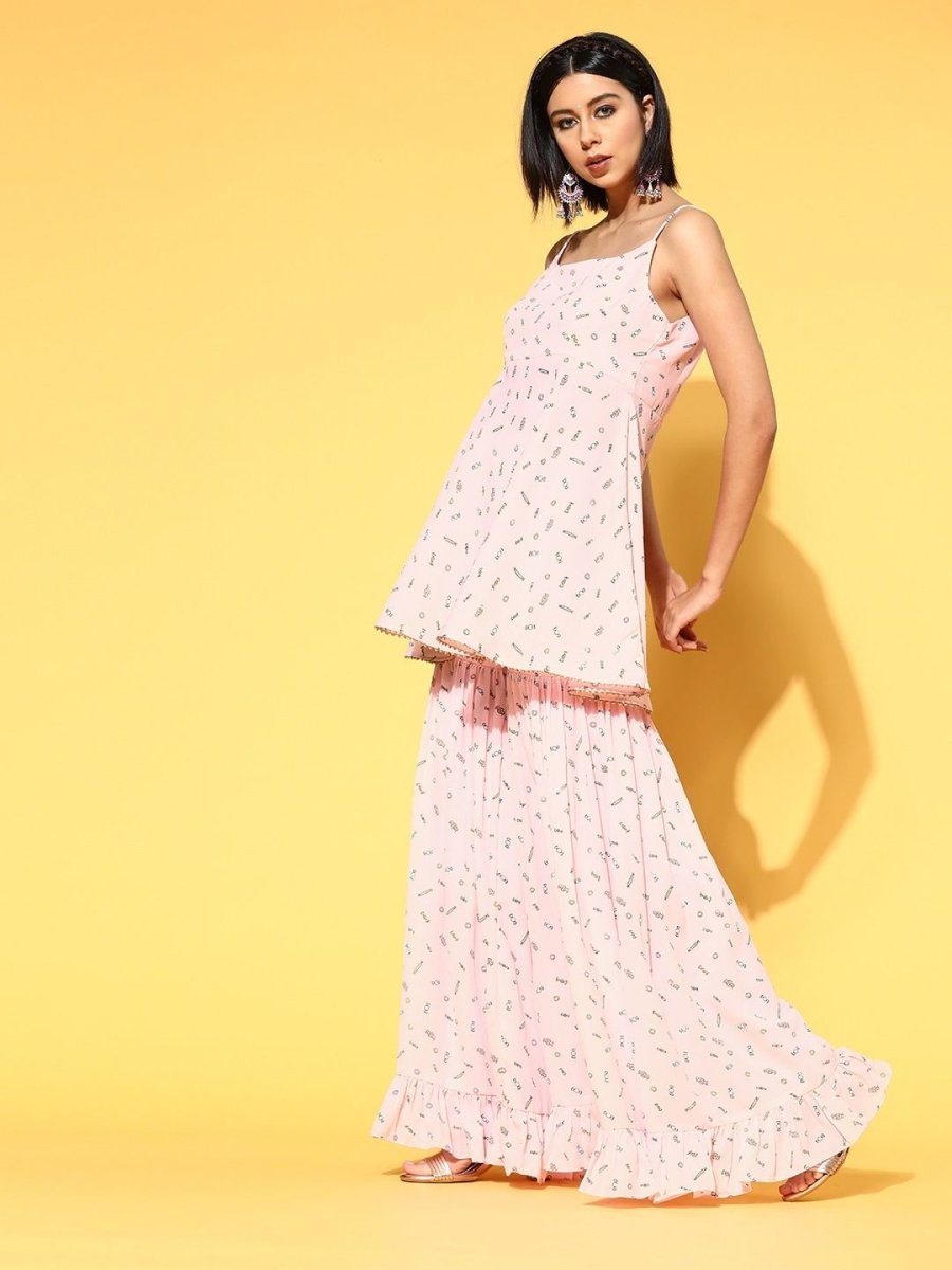 subtle pink poly georgette printed kurta set