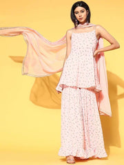 subtle pink poly georgette printed kurta set