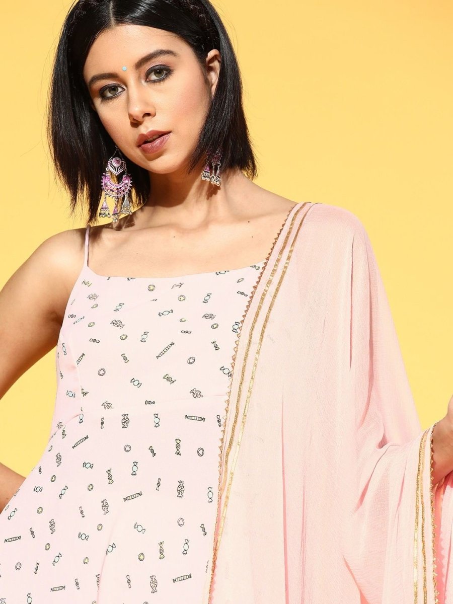 subtle pink poly georgette printed kurta set