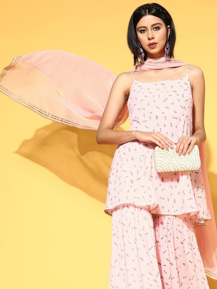 subtle pink poly georgette printed kurta set