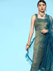 superior teal silk blend woven design kurta set