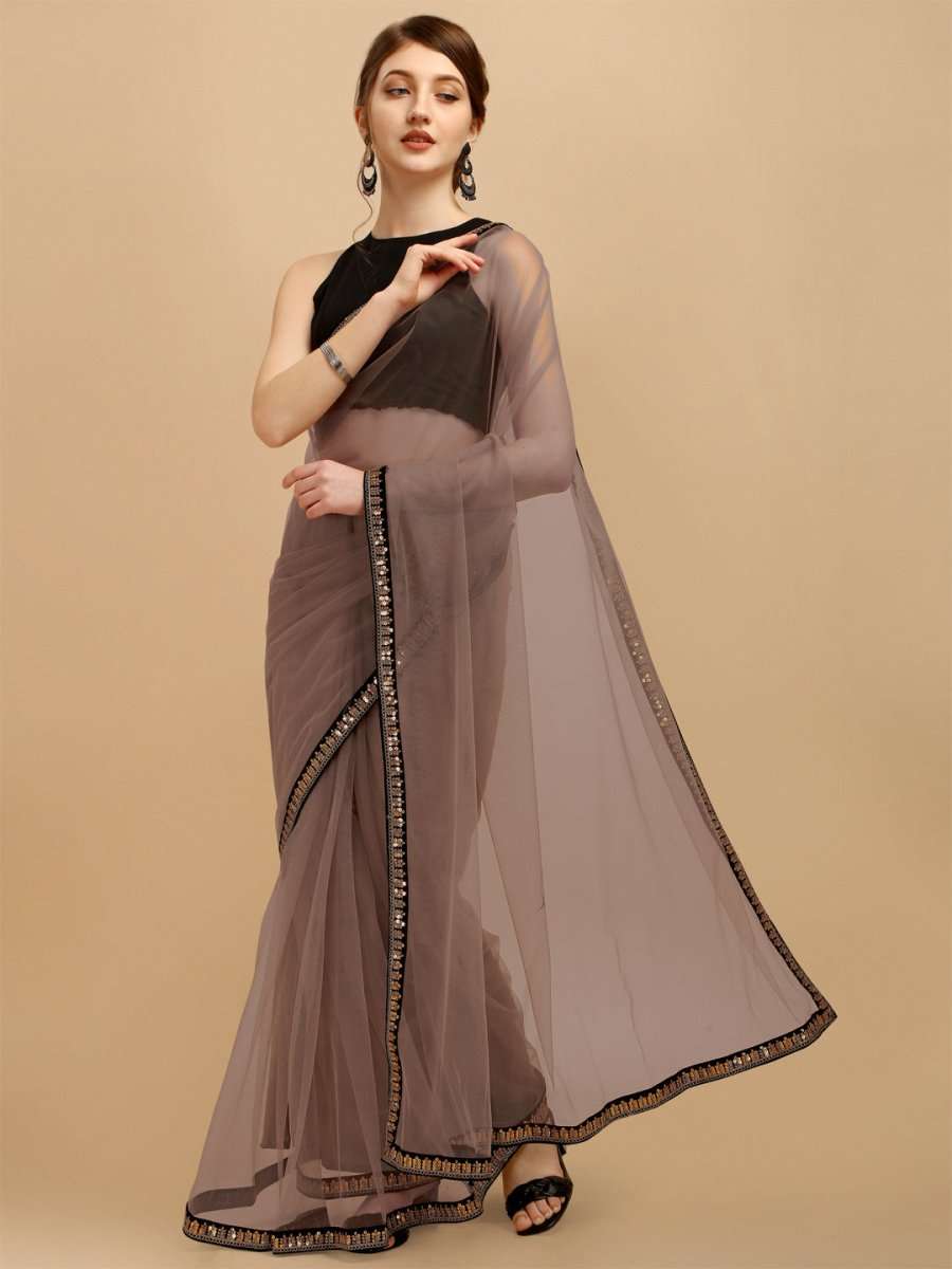 Taupe Embellished Sequinned Net Saree - Inddus.com