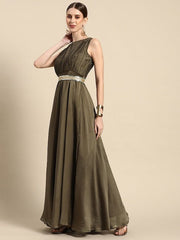 Taupe Solid Pleated Ethnic Maxi Gown with Embellished Belt - Inddus.com