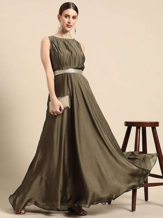 Taupe Solid Pleated Ethnic Maxi Gown with Embellished Belt - Inddus.com