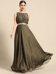 Taupe Solid Pleated Ethnic Maxi Gown with Embellished Belt - Inddus.com