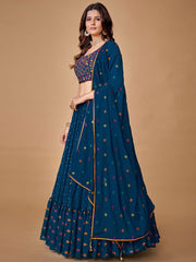 Teal Blue Chiffon Silk Embroidered Lehenga Choli - Inddus.com