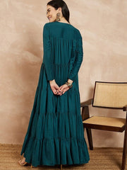Teal-blue Keyhole Neck Long Sleeves Embroidered Tiered A-Line Ethnic Dress - Inddus.com