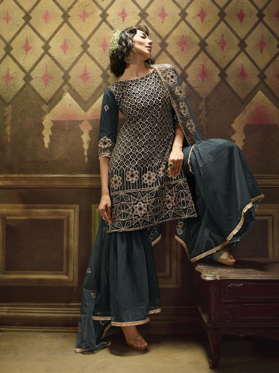 Teal Blue Net Embroidered Partywear Sharara Suit - inddus-us