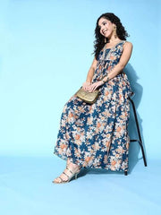 Teal Blue & Off White Floral A-Line Maxi Dress - Inddus.com