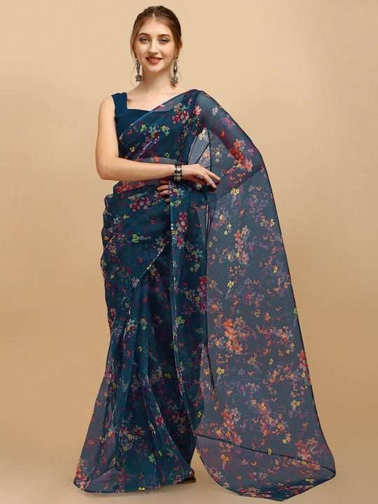 Teal Blue & Orange Floral Organza Saree - Inddus.com