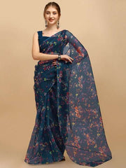 Teal Blue & Orange Floral Organza Saree - Inddus.com
