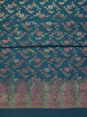 Teal Blue & Pink Banarasi Silk Unstitched Dress Material - Inddus.com