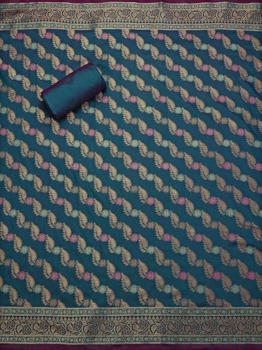 Teal Blue & Pink Banarasi Silk Unstitched Dress Material - Inddus.com