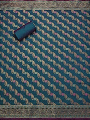 Teal Blue & Pink Banarasi Silk Unstitched Dress Material - Inddus.com