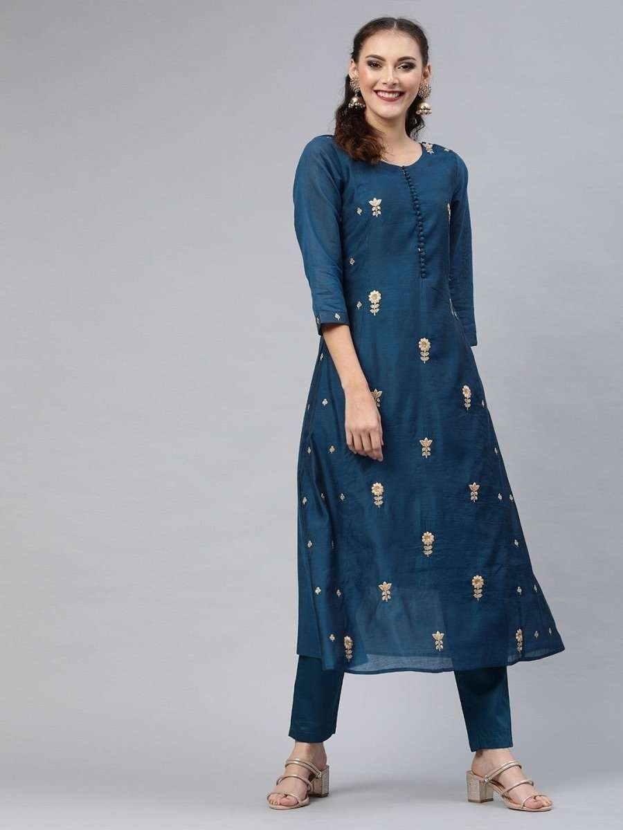 Teal Chanderi Cotton Embroidered Kurta Pant Set - Inddus.com