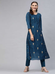 Teal Chanderi Cotton Embroidered Kurta Pant Set - Inddus.com