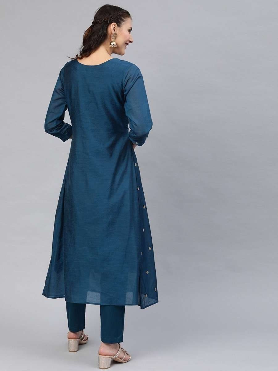 Teal Chanderi Cotton Embroidered Kurta Pant Set - Inddus.com