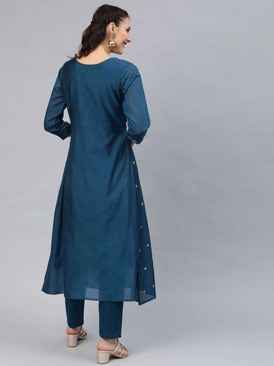 Teal Chanderi Cotton Embroidered Kurta Pant Set - Inddus.com