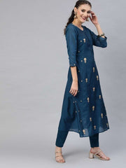 Teal Chanderi Cotton Embroidered Kurta Pant Set - Inddus.com