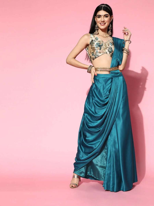 Teal Drapped Saree with Blouse Piece - Inddus.com