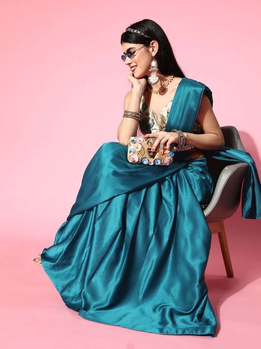 Teal Drapped Saree with Blouse Piece - Inddus.com
