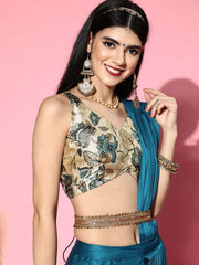 Teal Drapped Saree with Blouse Piece - Inddus.com