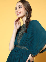Teal Embroidered Accordian Pleated Gown with Embroidered Belt - inddus-us