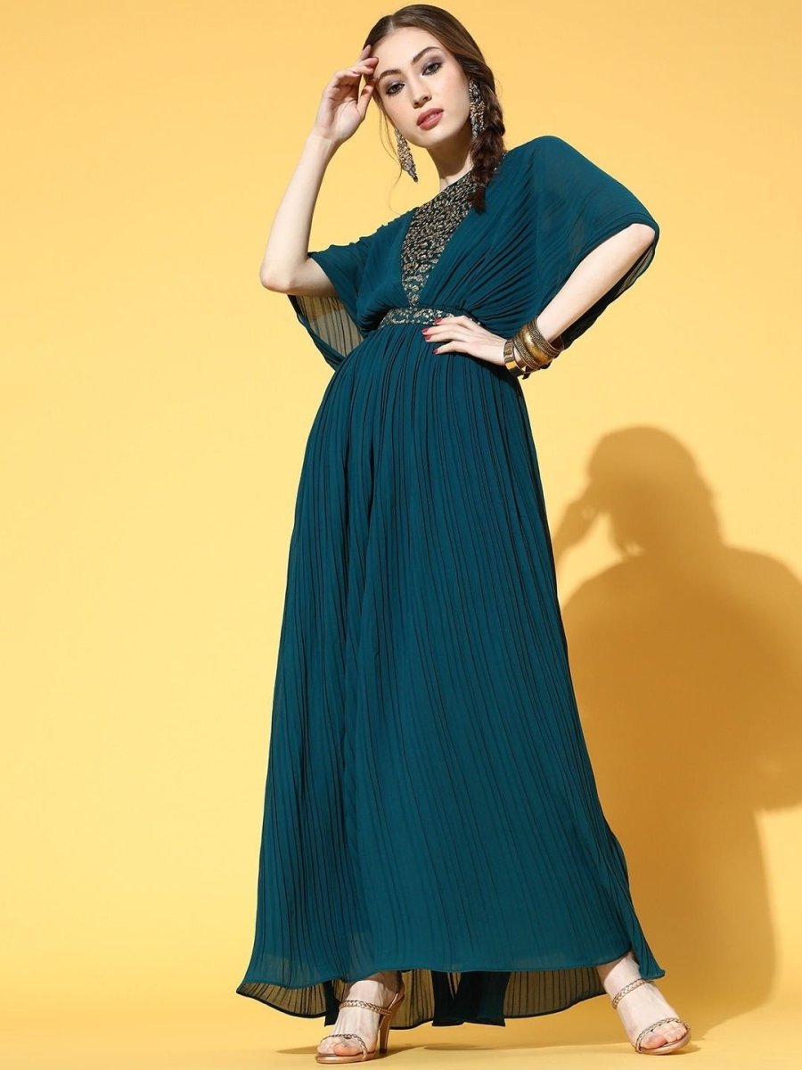 Teal Embroidered Accordian Pleated Gown with Embroidered Belt - inddus-us